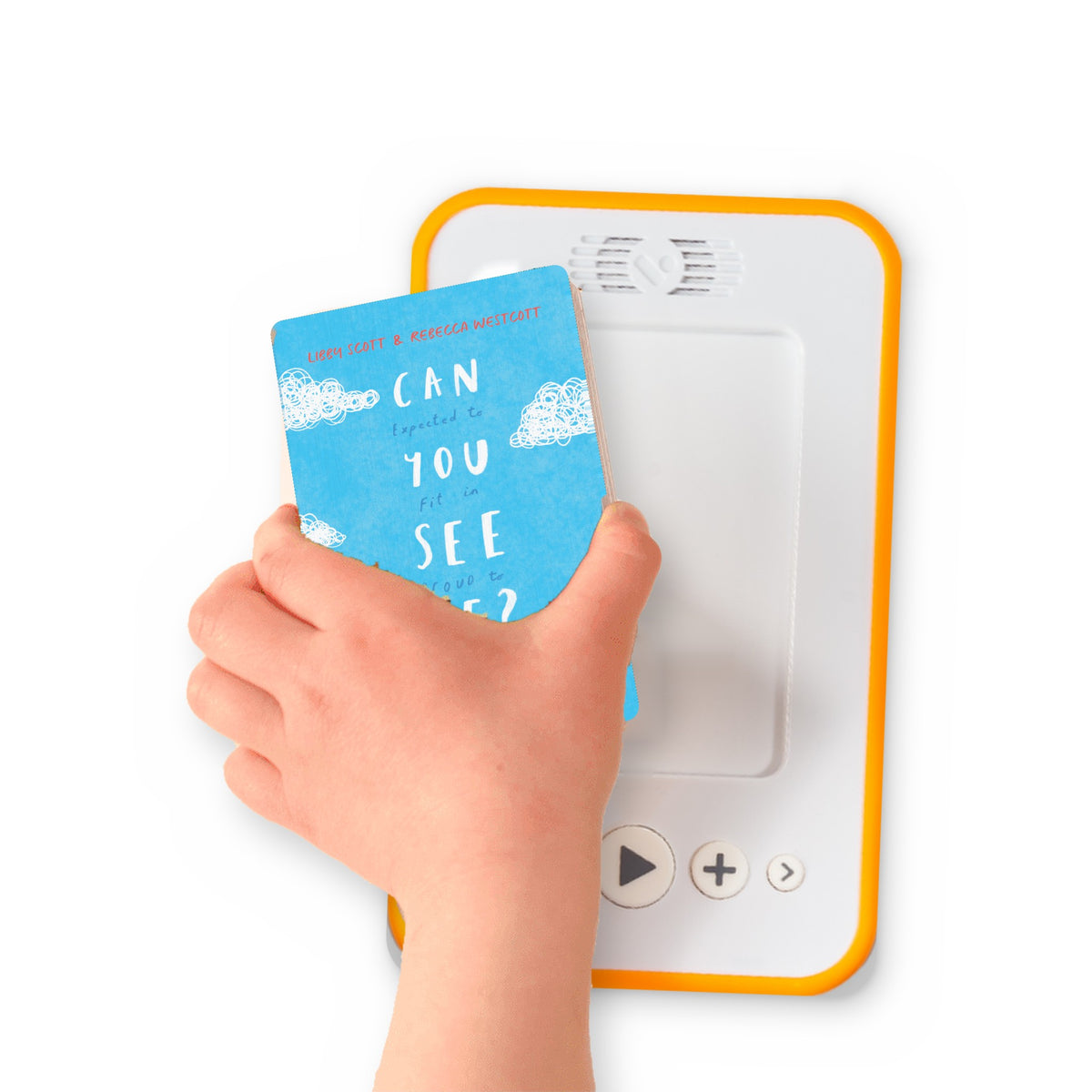 A hand holding the audiobook card for Can You See Me? beside a Voxblock audiobook player