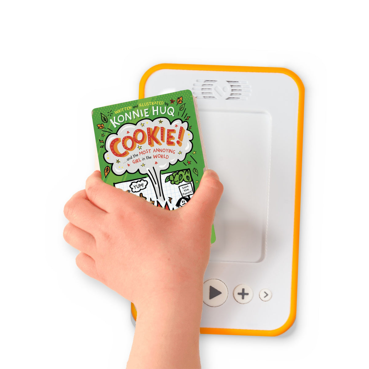 A hand holding the audiobook card for Cookie! And the Most Annoying Girl in the World beside a Voxblock audiobook player