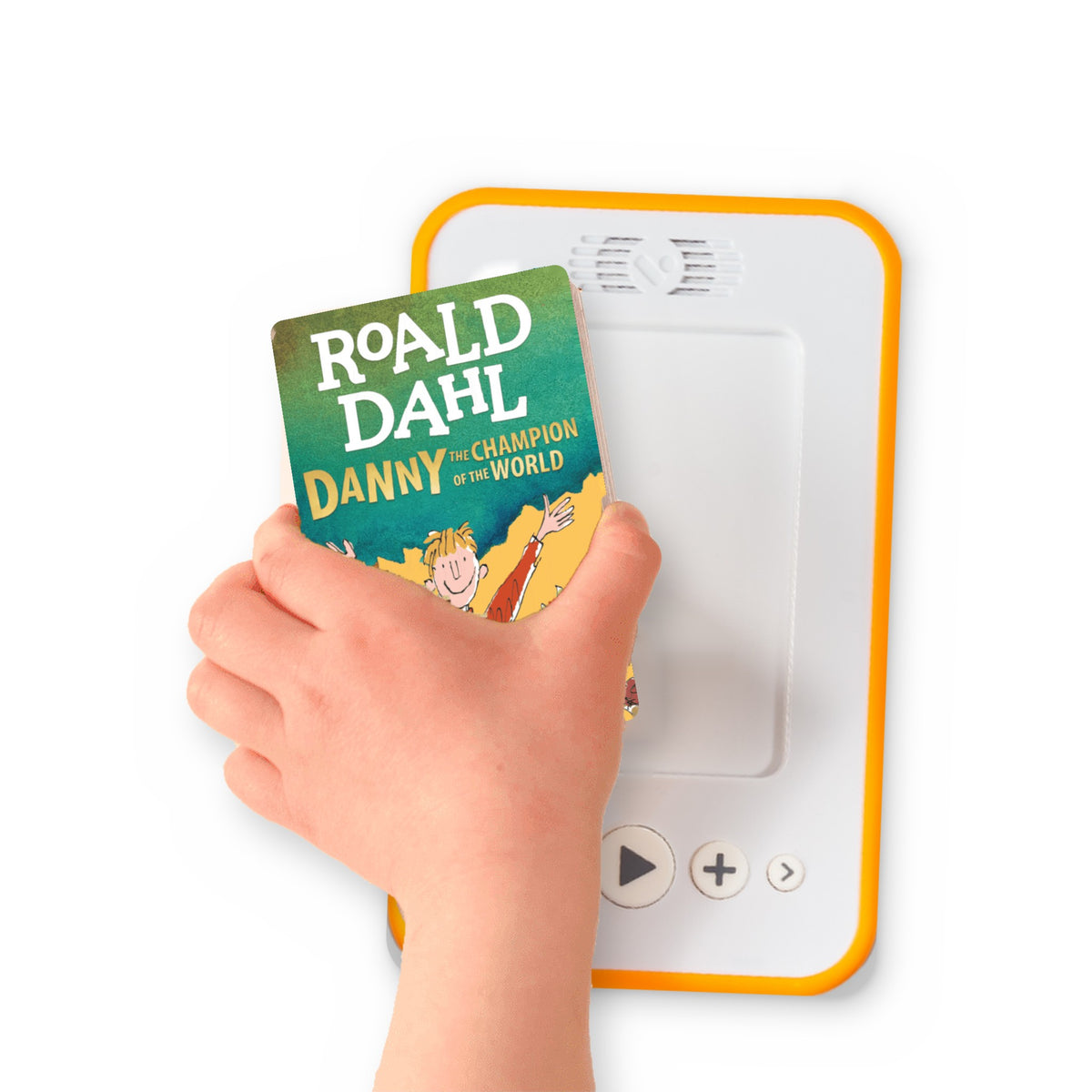 A hand holding the audiobook card for Danny the Champion of the World beside a Voxblock audiobook player