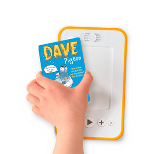 A hand holding the audiobook card for Dave Pigeon: How to Deal with Bad Cats and Keep (most of) Your Feathers beside a Voxblock audiobook player