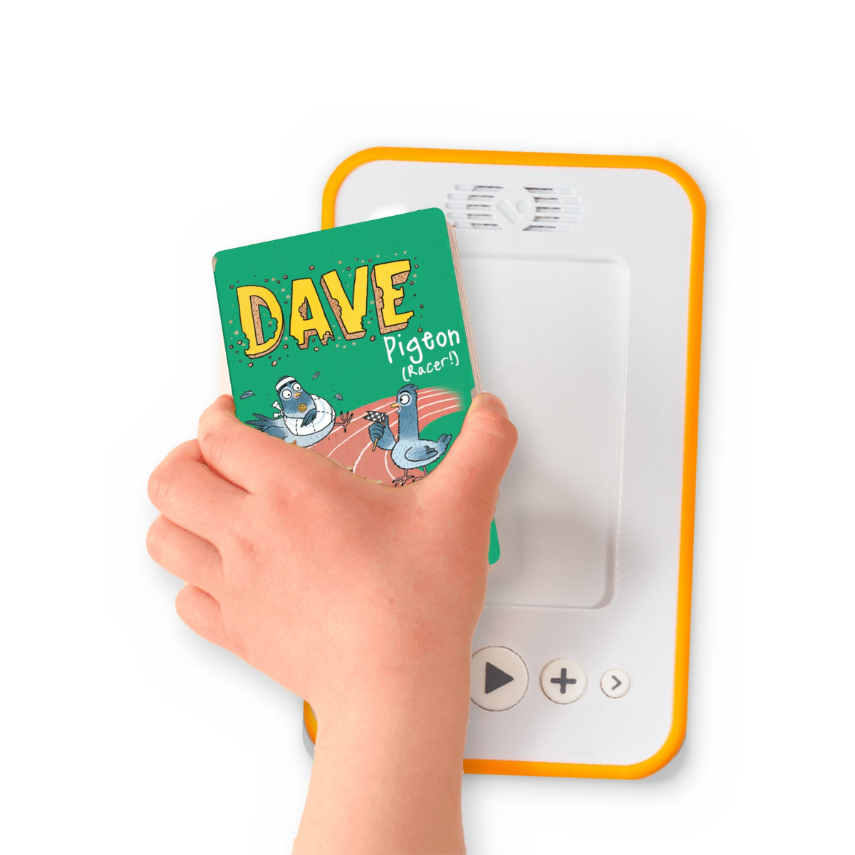 A hand holding the audiobook card for Dave Pigeon: Racer! beside a Voxblock audiobook player