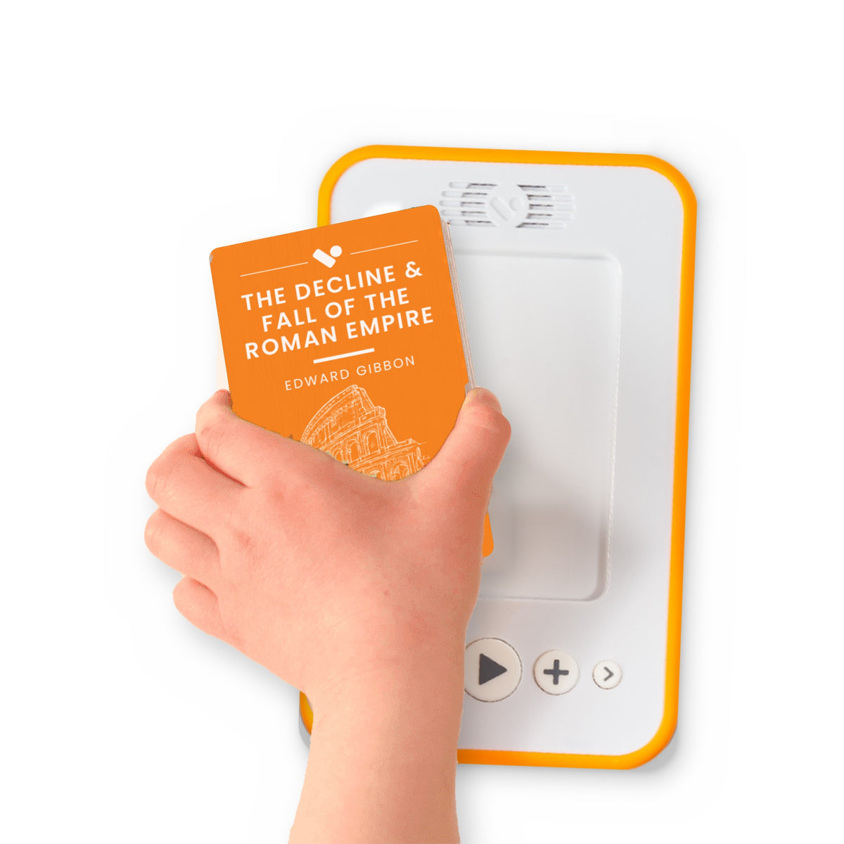 A hand holding the audiobook card for Decline and Fall of the Roman Empire Vol.1 beside a Voxblock audiobook player