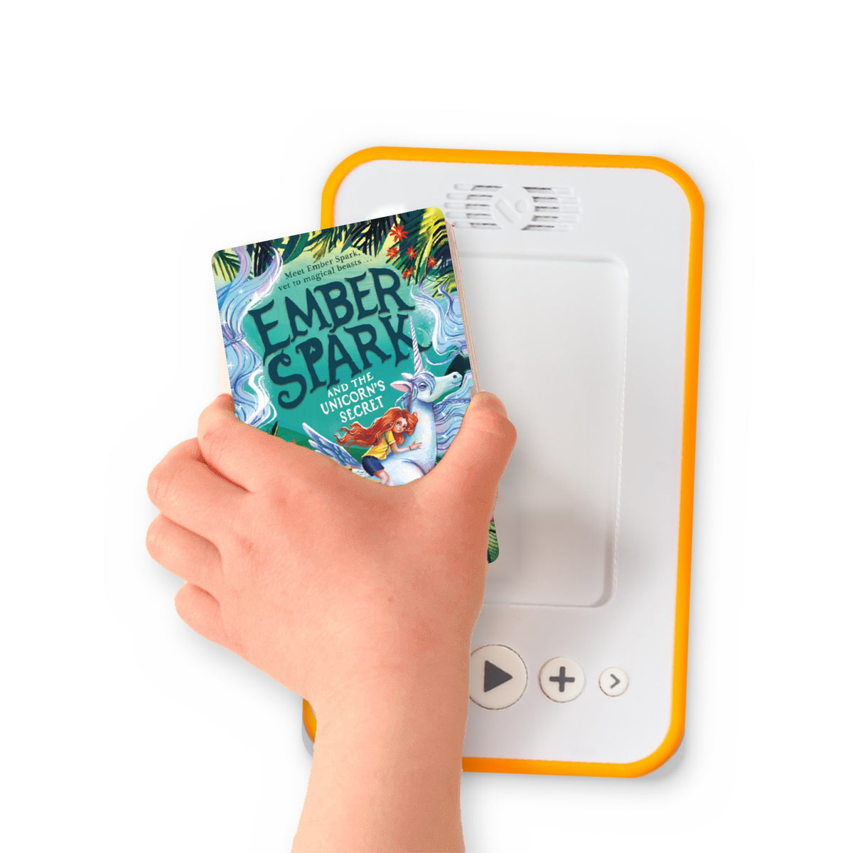 A hand holding the audiobook card for Ember Spark and the Unicorn's Secret beside a Voxblock audiobook player
