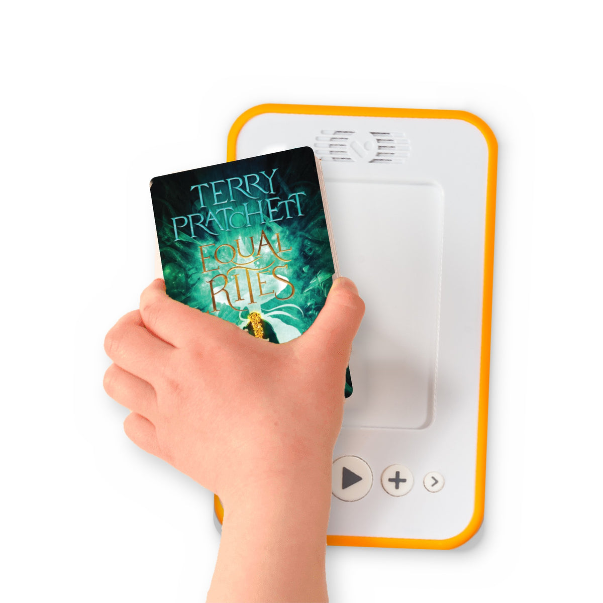A hand holding the audiobook card for Equal Rites beside a Voxblock audiobook player