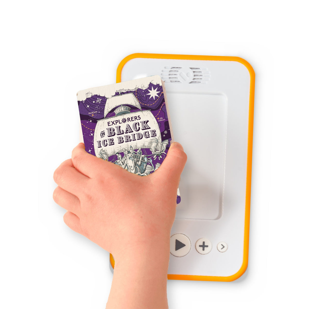A hand holding the audiobook card for Explorers on Black Ice Bridge beside a Voxblock audiobook player