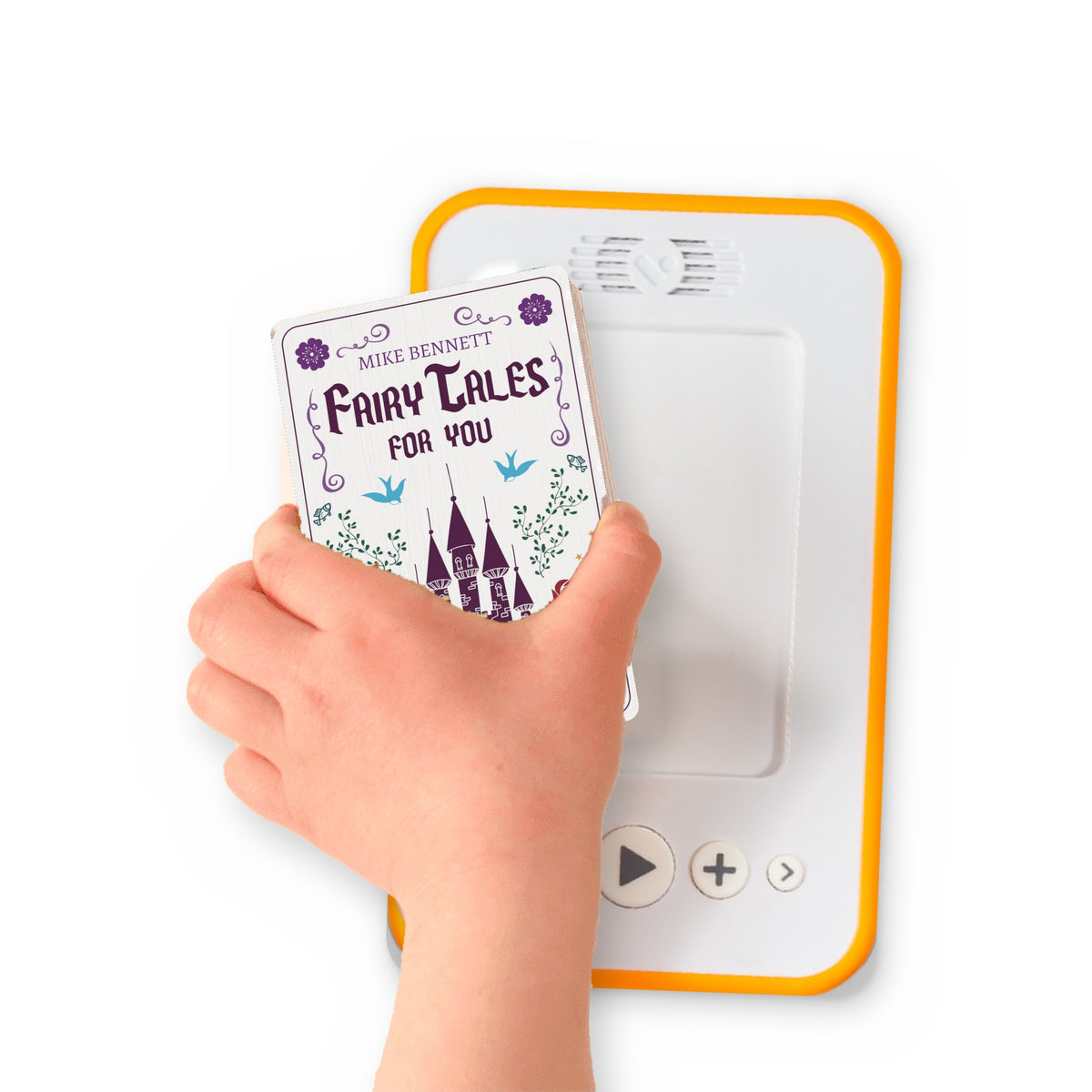 A hand holding the audiobook card for Fairy Tales For You beside a Voxblock audiobook player