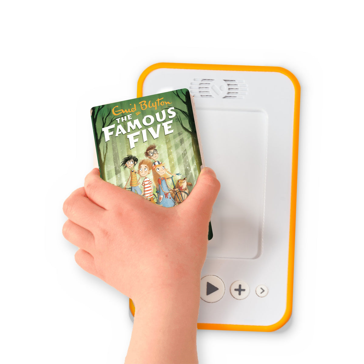 A hand holding the audiobook card for Famous Five: Five Go Adventuring Again beside a Voxblock audiobook player