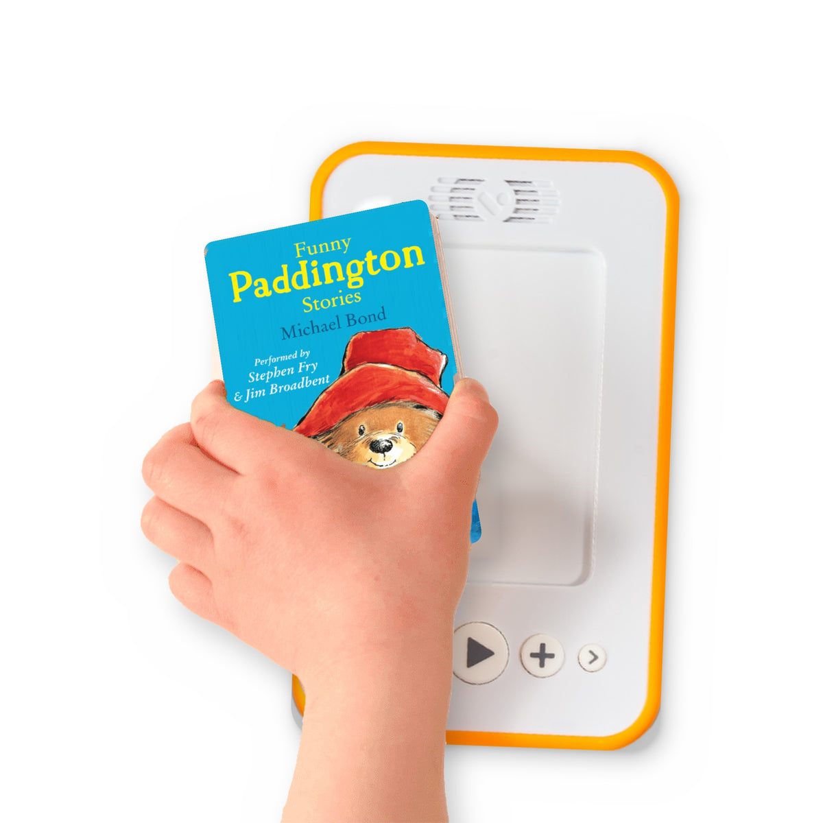 A hand holding the audiobook card for Funny Paddington Stories beside a Voxblock audiobook player