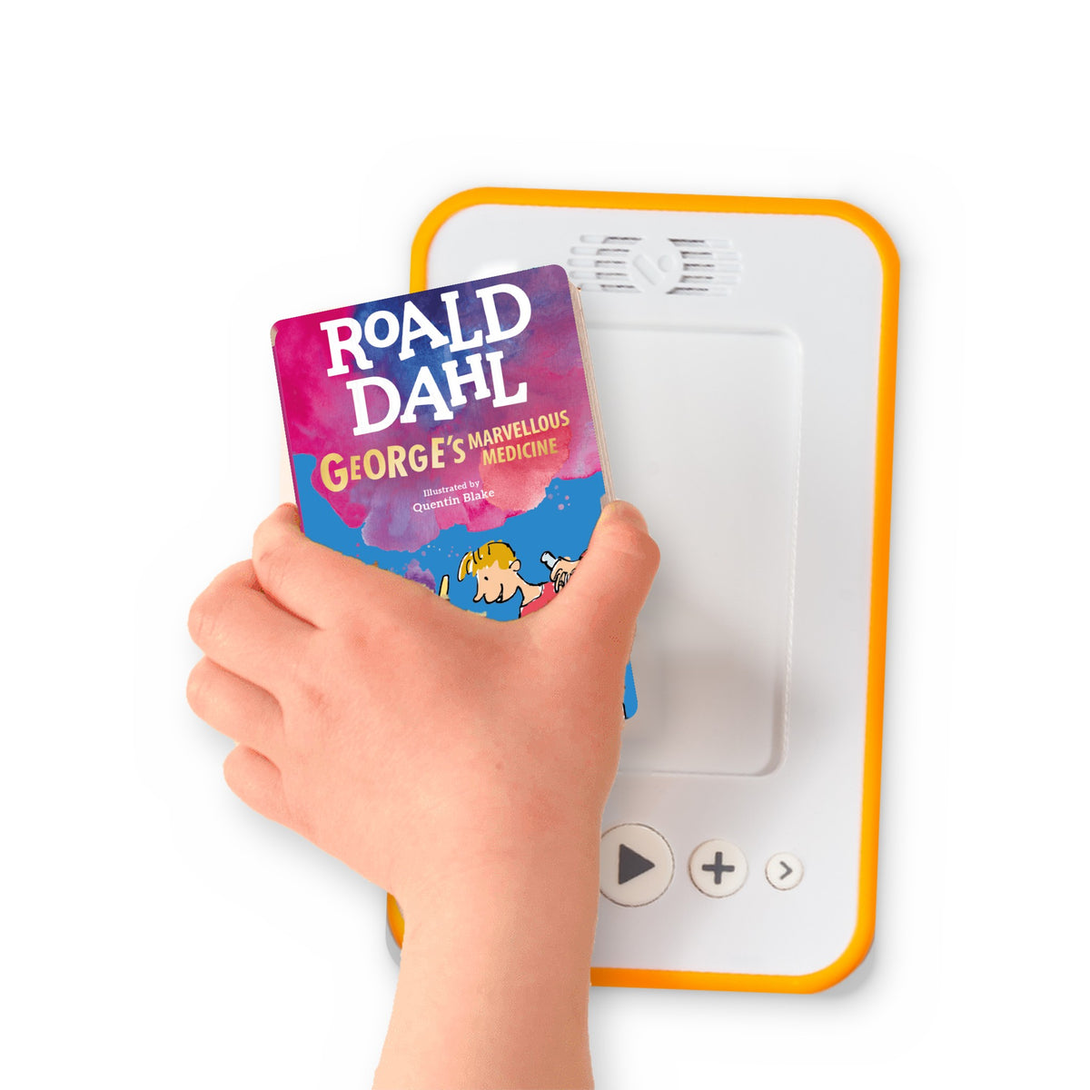 A hand holding the audiobook card for George's Marvellous Medicine beside a Voxblock audiobook player
