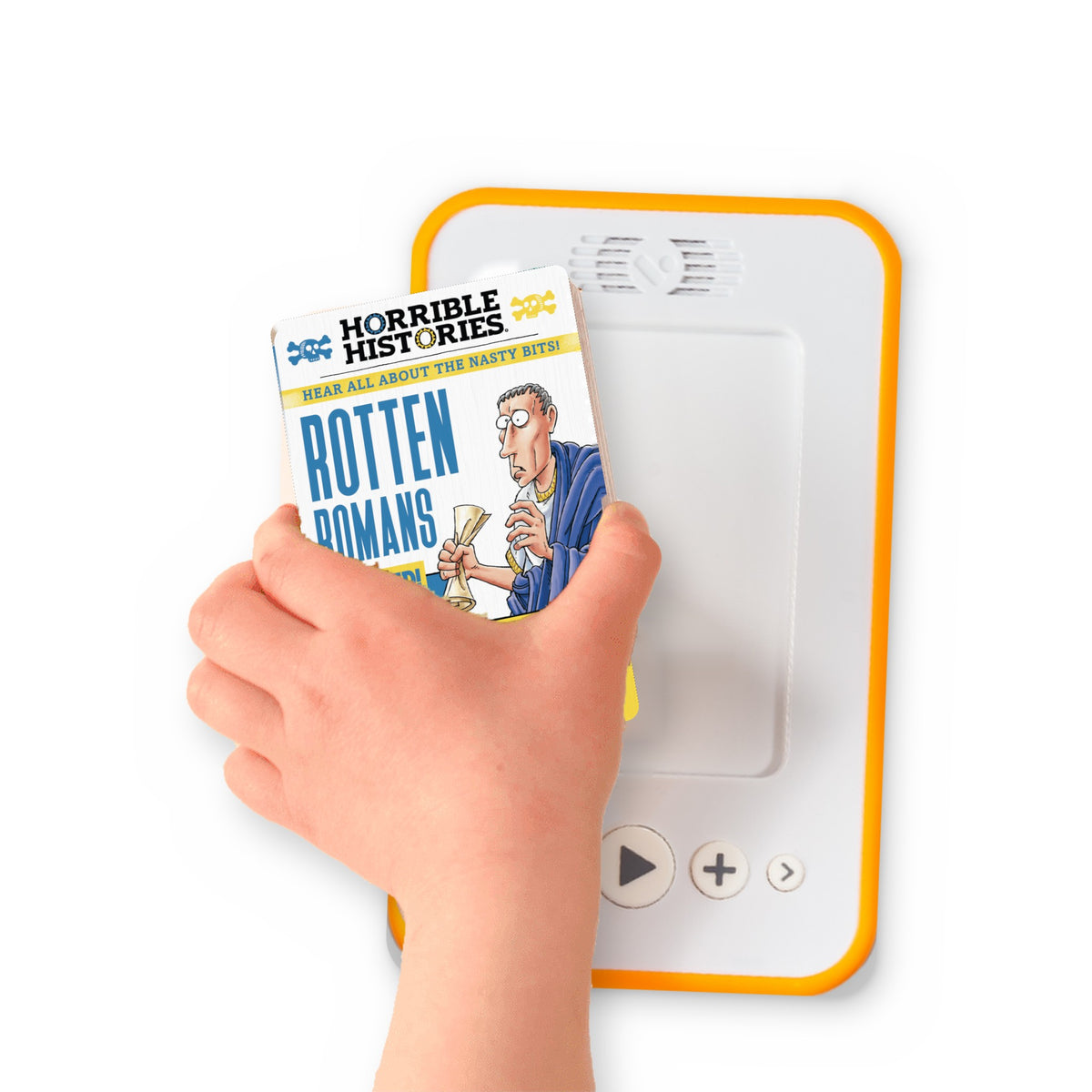A hand holding the audiobook card for Horrible Histories: Rotten Romans beside a Voxblock audiobook player