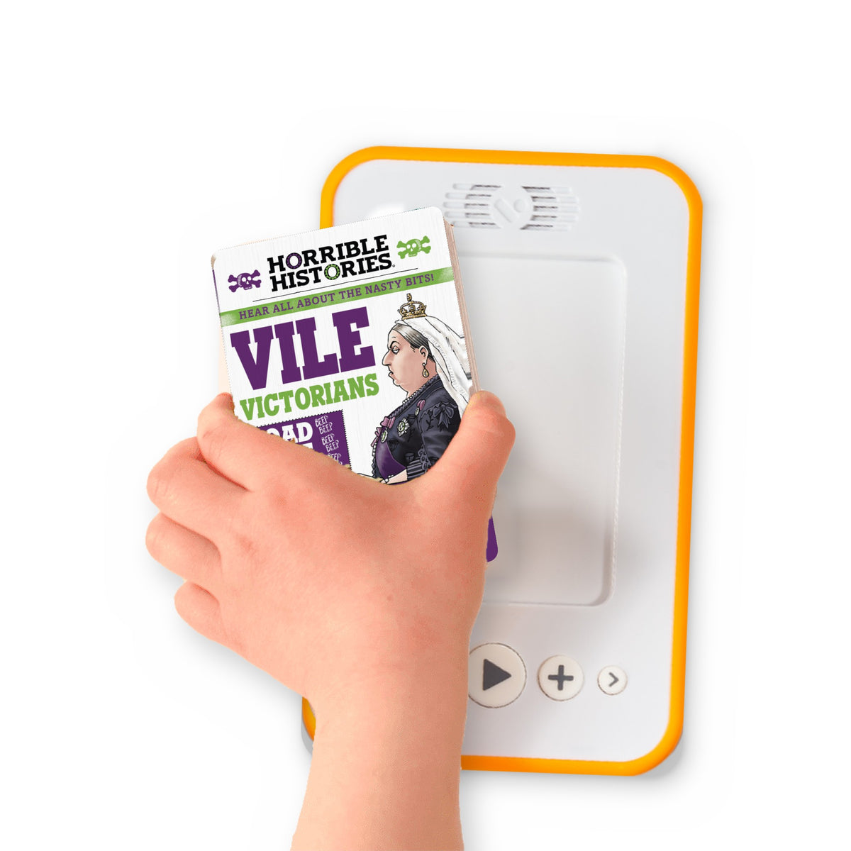 A hand holding the audiobook card for Horrible Histories: Vile Victorians beside a Voxblock audiobook player