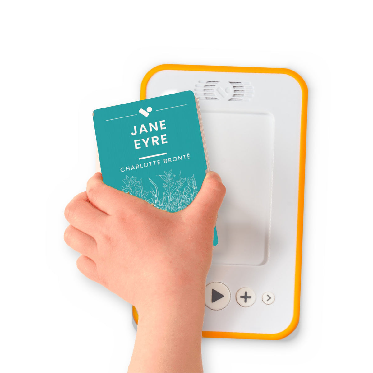 A hand holding the audiobook card for Jane Eyre beside a Voxblock audiobook player