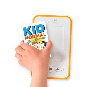 A hand holding the audiobook card for Kid Normal and the Rogue Heroes beside a Voxblock audiobook player