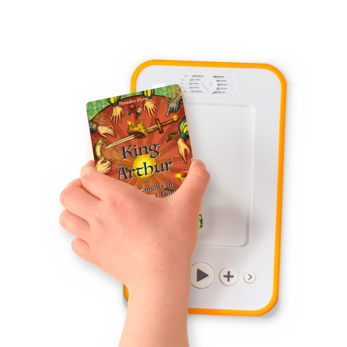 A hand holding the audiobook card for King Arthur & the Knights of the Round Table beside a Voxblock audiobook player