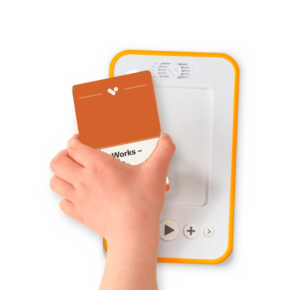 A hand holding the audiobook card for Life & Works – Wolfgang Amadeus Mozart beside a Voxblock audiobook player