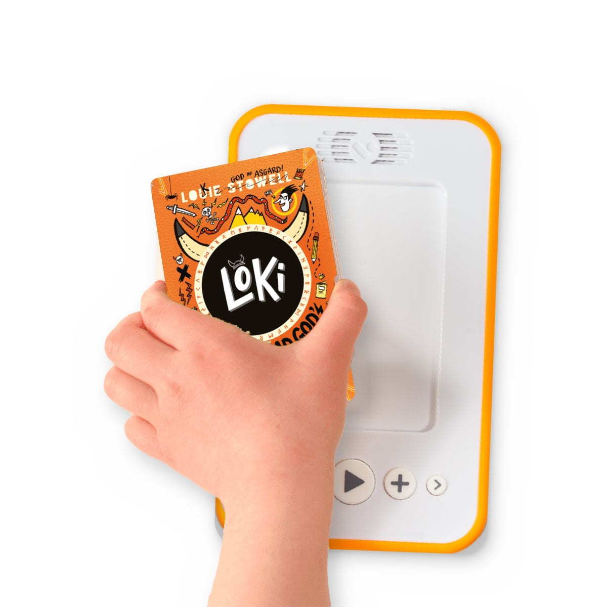 A hand holding the audiobook card for Loki: A Bad God's Guide to Being Good beside a Voxblock audiobook player