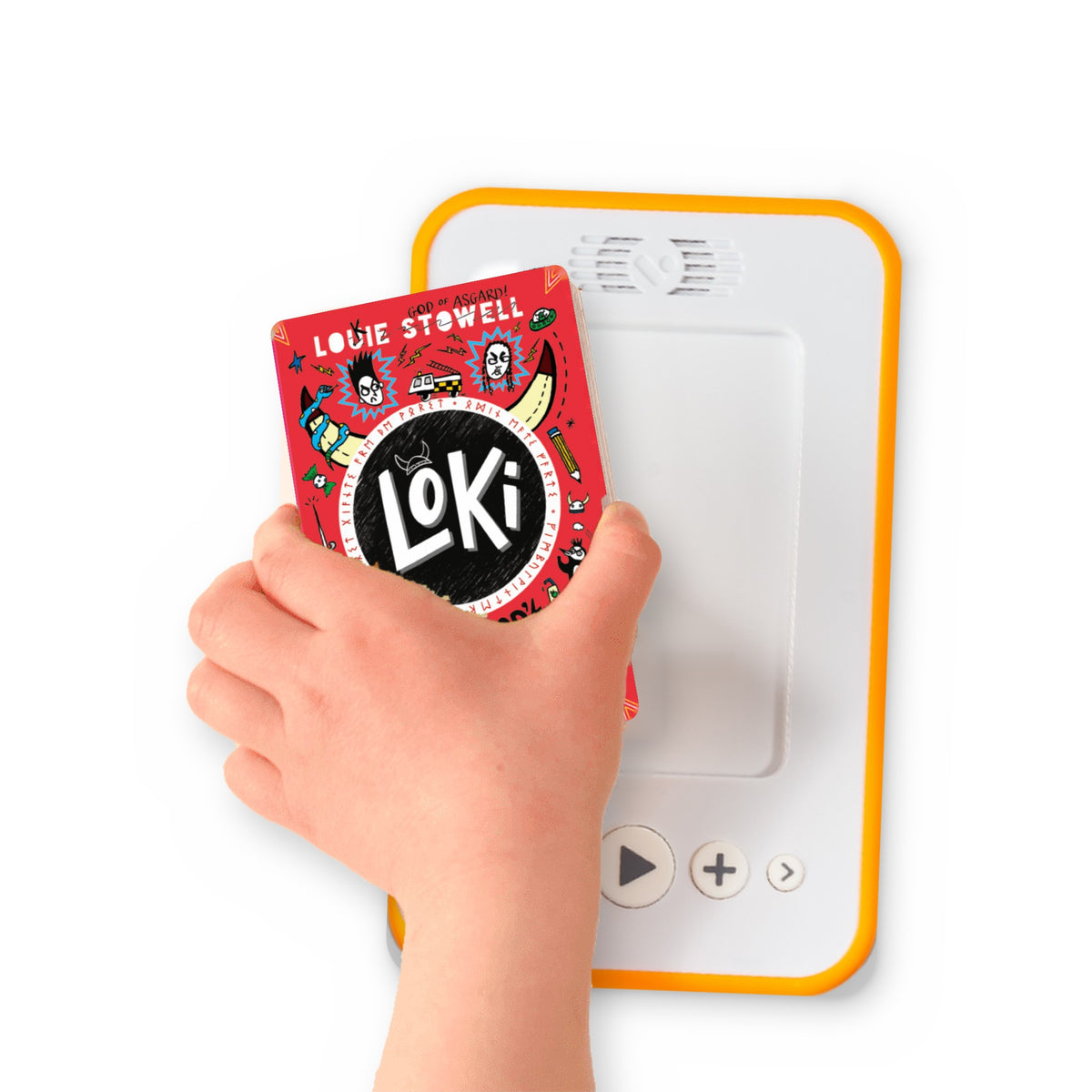 A hand holding the audiobook card for Loki: A Bad God's Guide to Making Enemies beside a Voxblock audiobook player