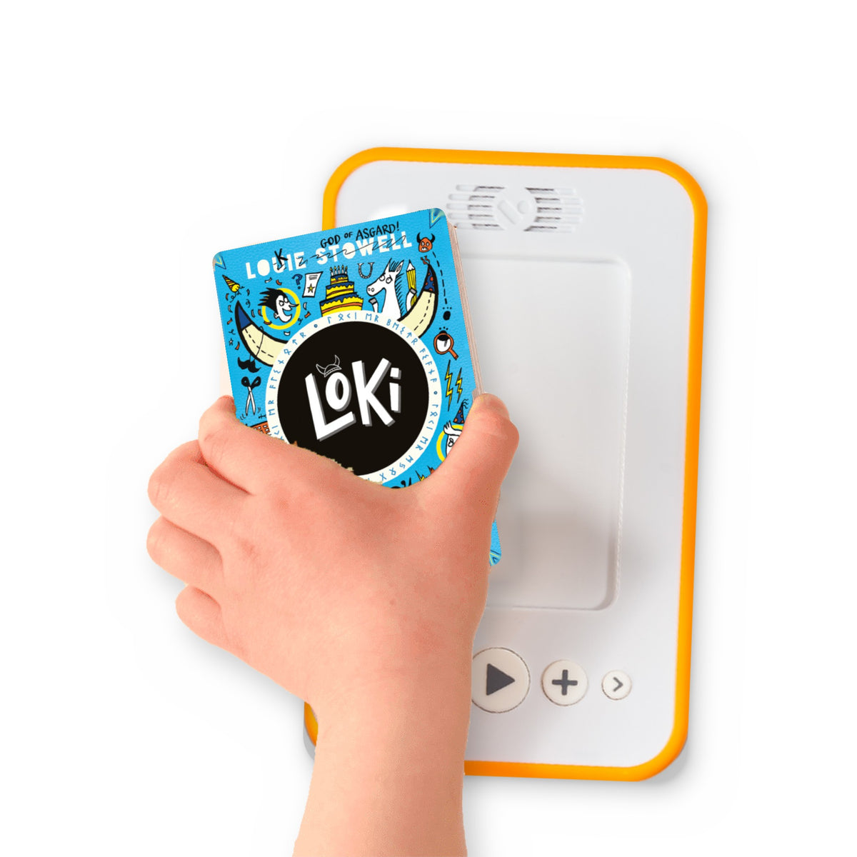 A hand holding the audiobook card for Loki: A Bad God's Guide to Taking the Blame beside a Voxblock audiobook player