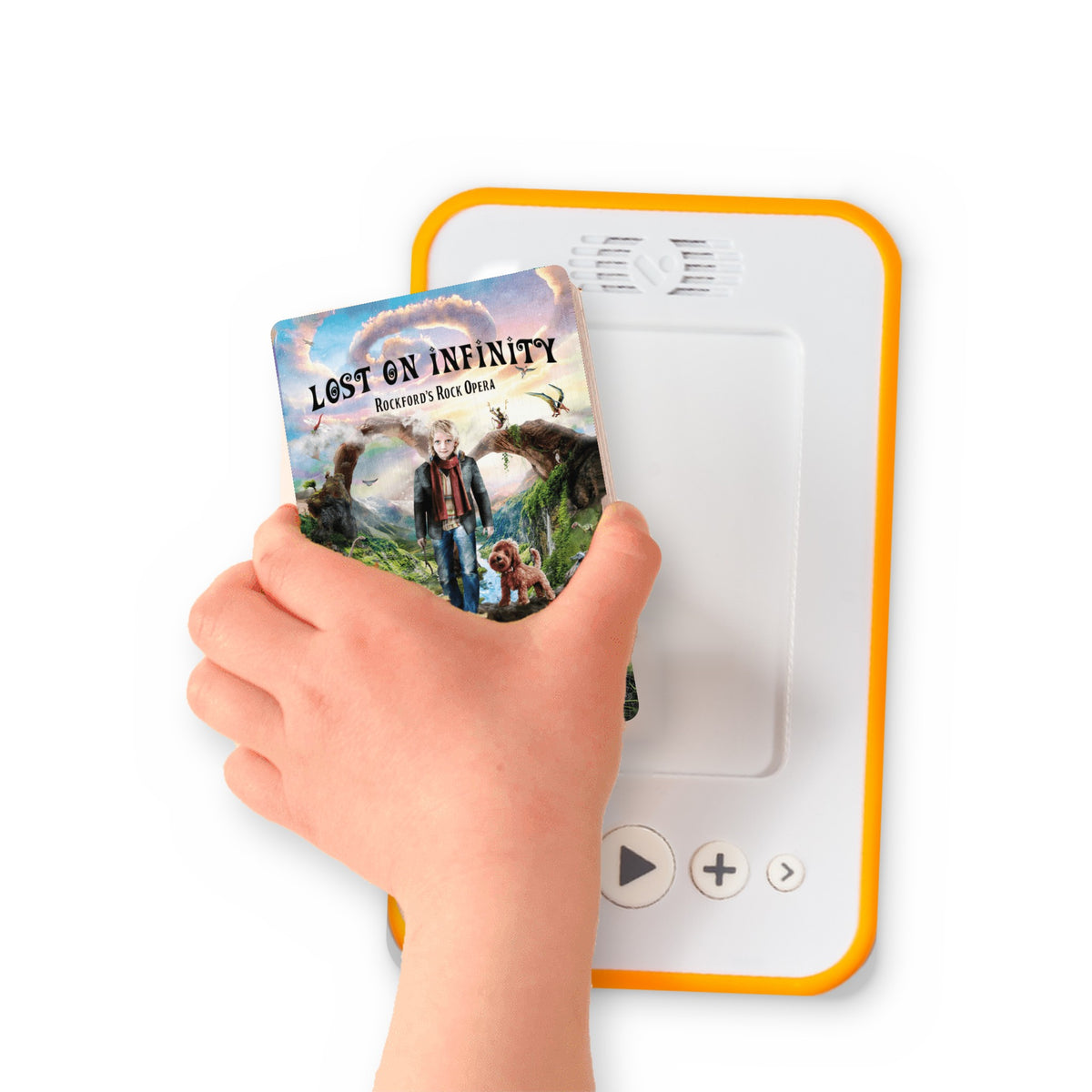 A hand holding the audiobook card for Lost on Infinity beside a Voxblock audiobook player
