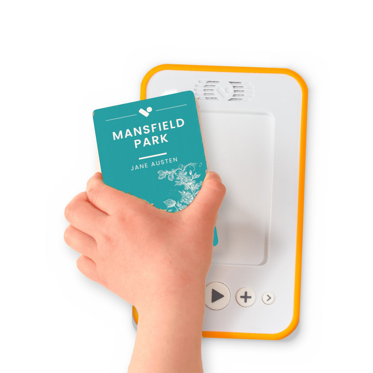 A hand holding the audiobook card for Mansfield Park beside a Voxblock audiobook player