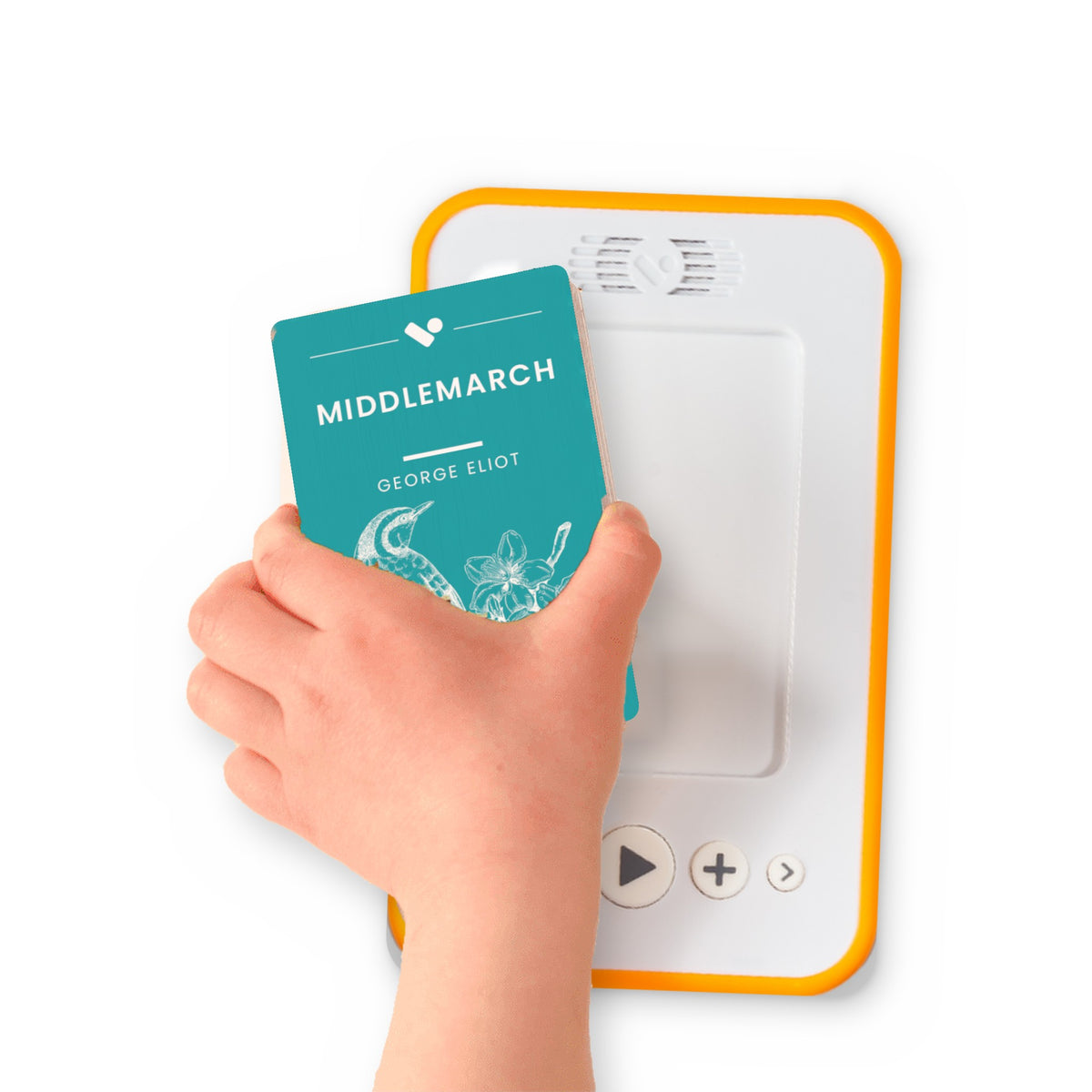 A hand holding the audiobook card for Middlemarch beside a Voxblock audiobook player
