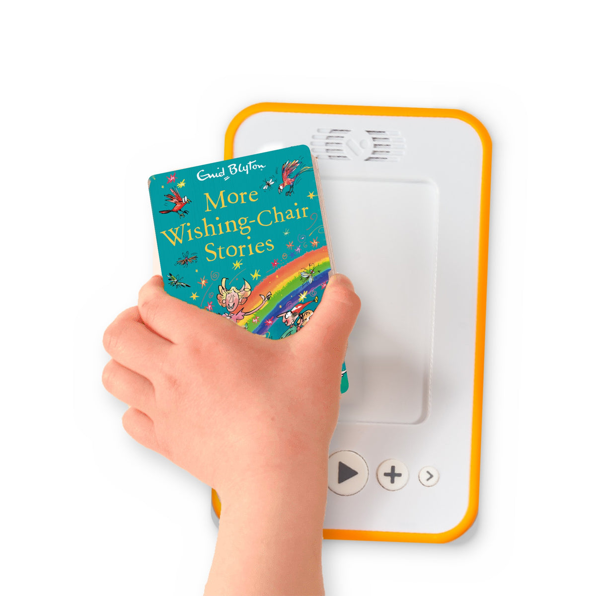 A hand holding the audiobook card for More Wishing Chair Stories beside a Voxblock audiobook player