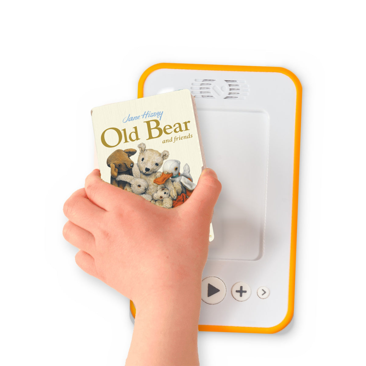 A hand holding the audiobook card for Old Bear and Friends beside a Voxblock audiobook player