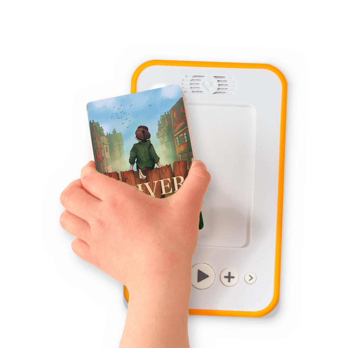 A hand holding the audiobook card for Oliver Twist: Retold for Younger Listeners beside a Voxblock audiobook player