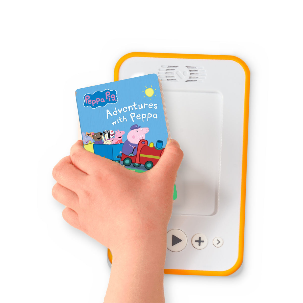 A hand holding the audiobook card for Peppa Pig: Adventures With Peppa beside a Voxblock audiobook player