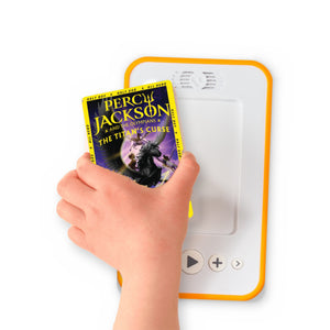 A hand holding the audiobook card for Percy Jackson and the Titan's Curse beside a Voxblock audiobook player