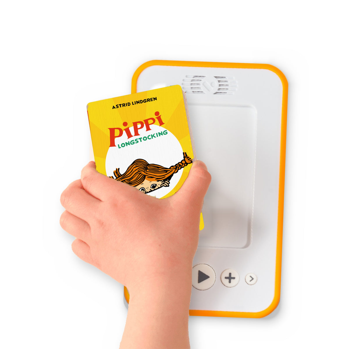 A hand holding the audiobook card for Pippi Longstocking beside a Voxblock audiobook player