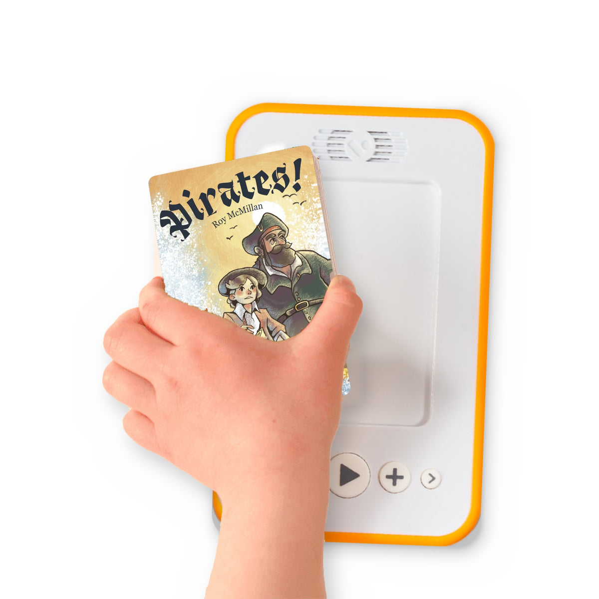 A hand holding the audiobook card for Pirates! beside a Voxblock audiobook player