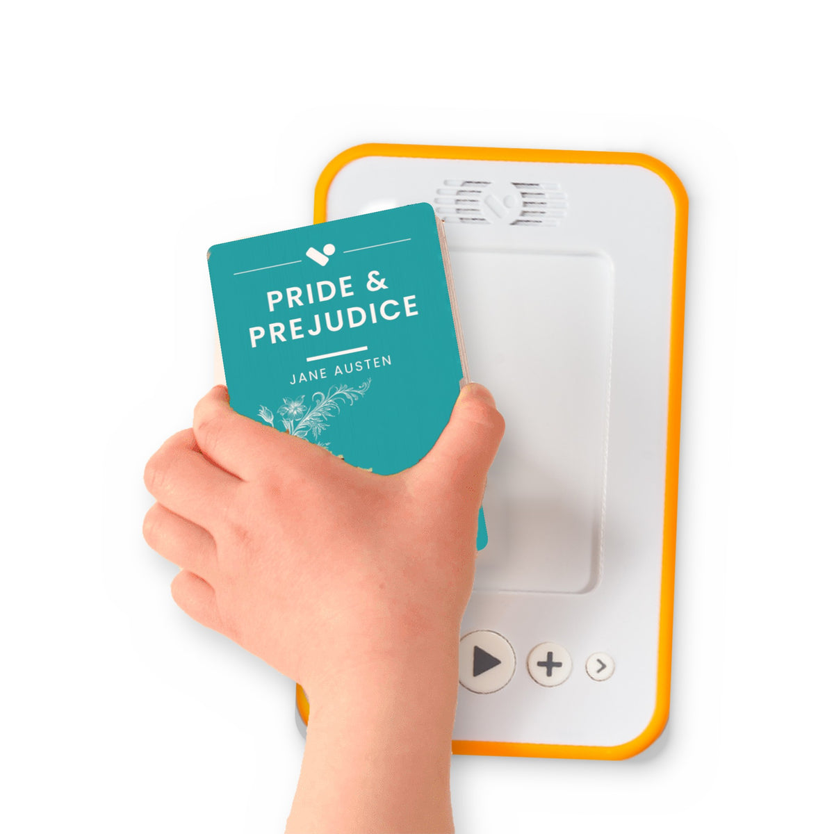 A hand holding the audiobook card for Pride and Prejudice beside a Voxblock audiobook player