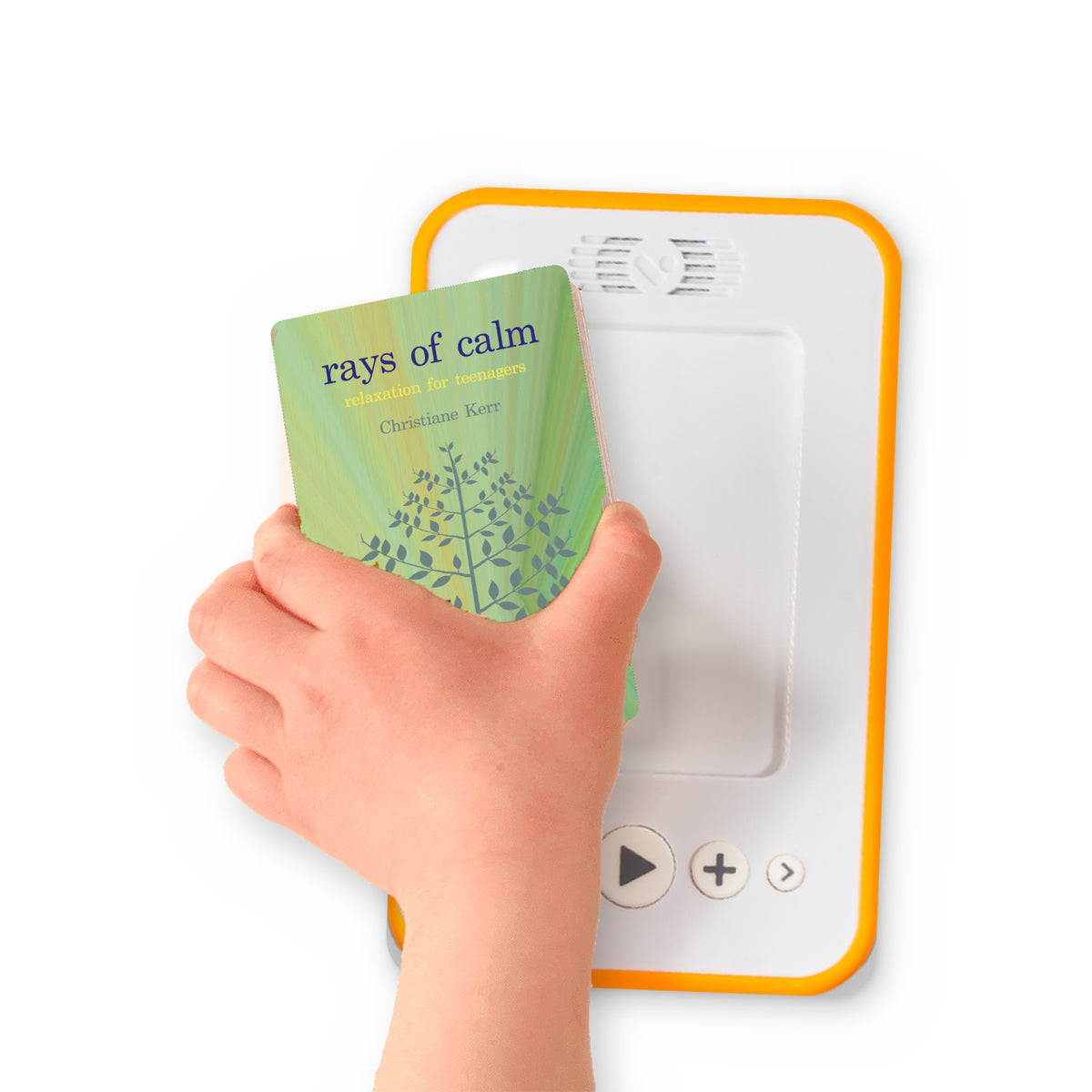 A hand holding the audiobook card for Rays of Calm beside a Voxblock audiobook player