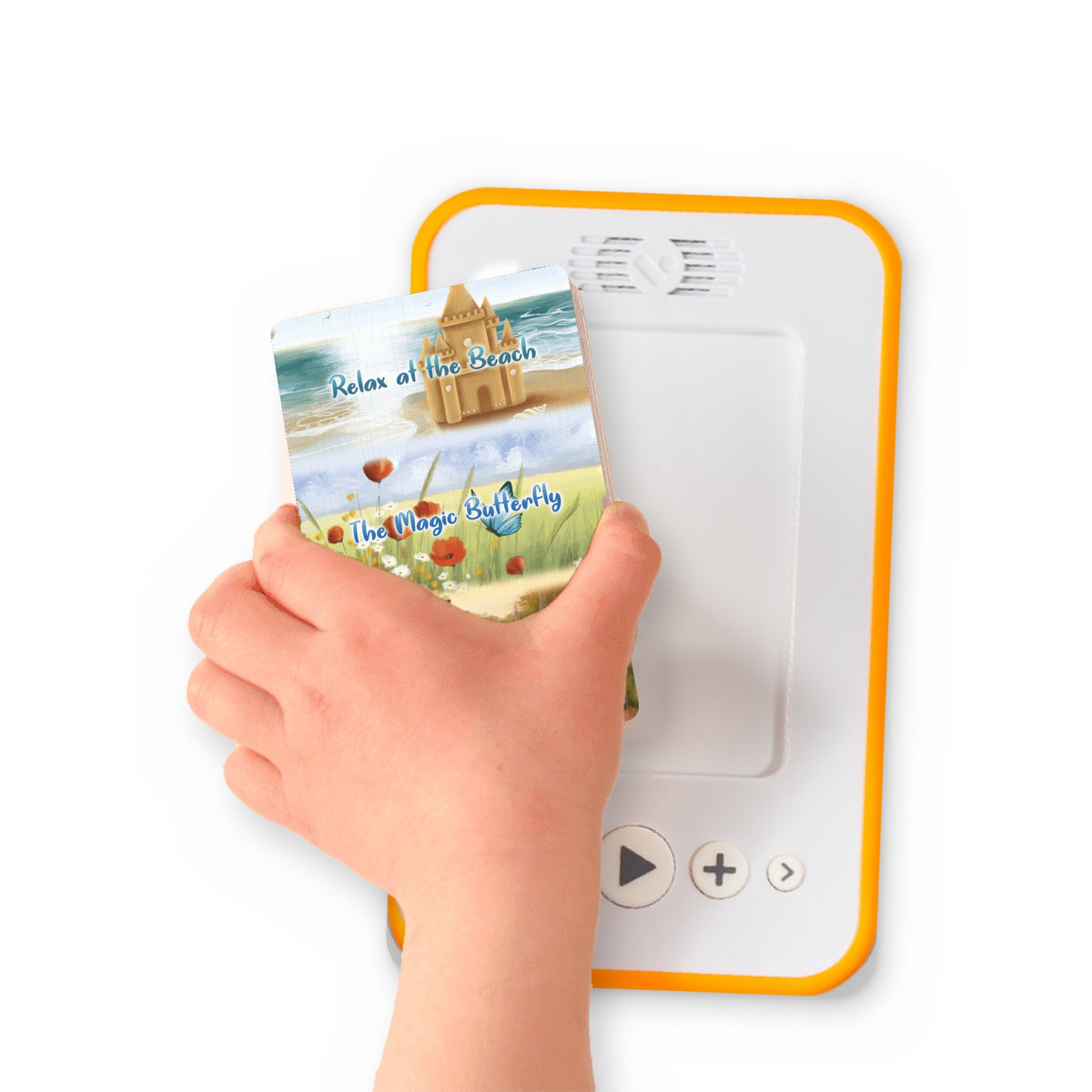 A hand holding the audiobook card for Relax at the Beach + The Enchanted Garden + The Magic Butterfly beside a Voxblock audiobook player