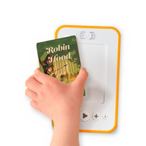 A hand holding the audiobook card for Robin Hood beside a Voxblock audiobook player