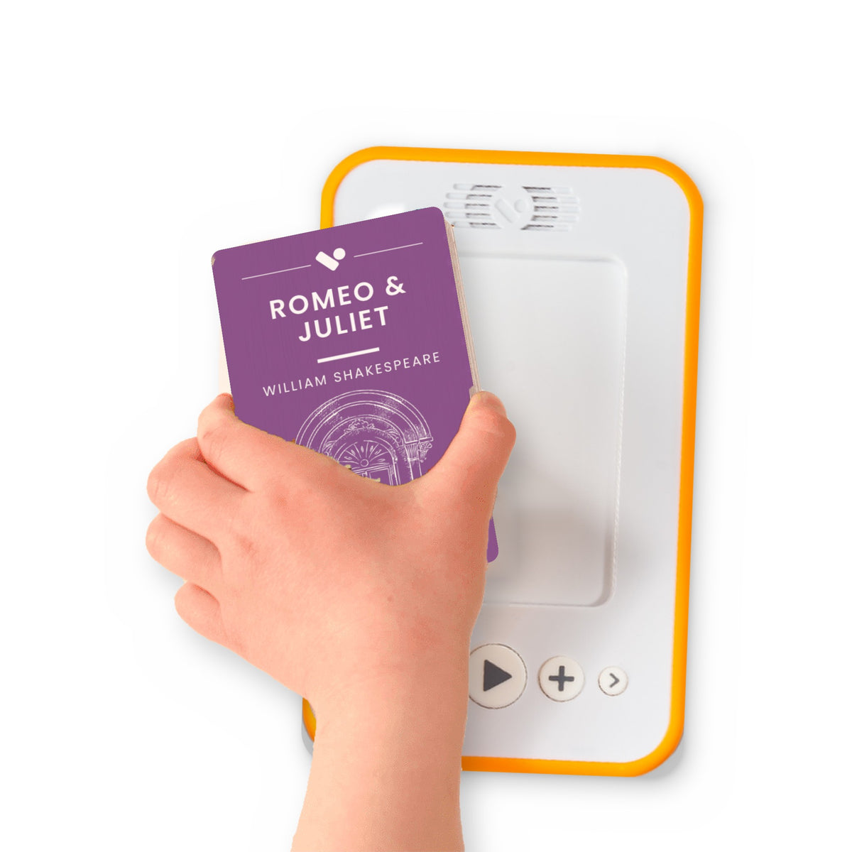 A hand holding the audiobook card for Romeo and Juliet beside a Voxblock audiobook player