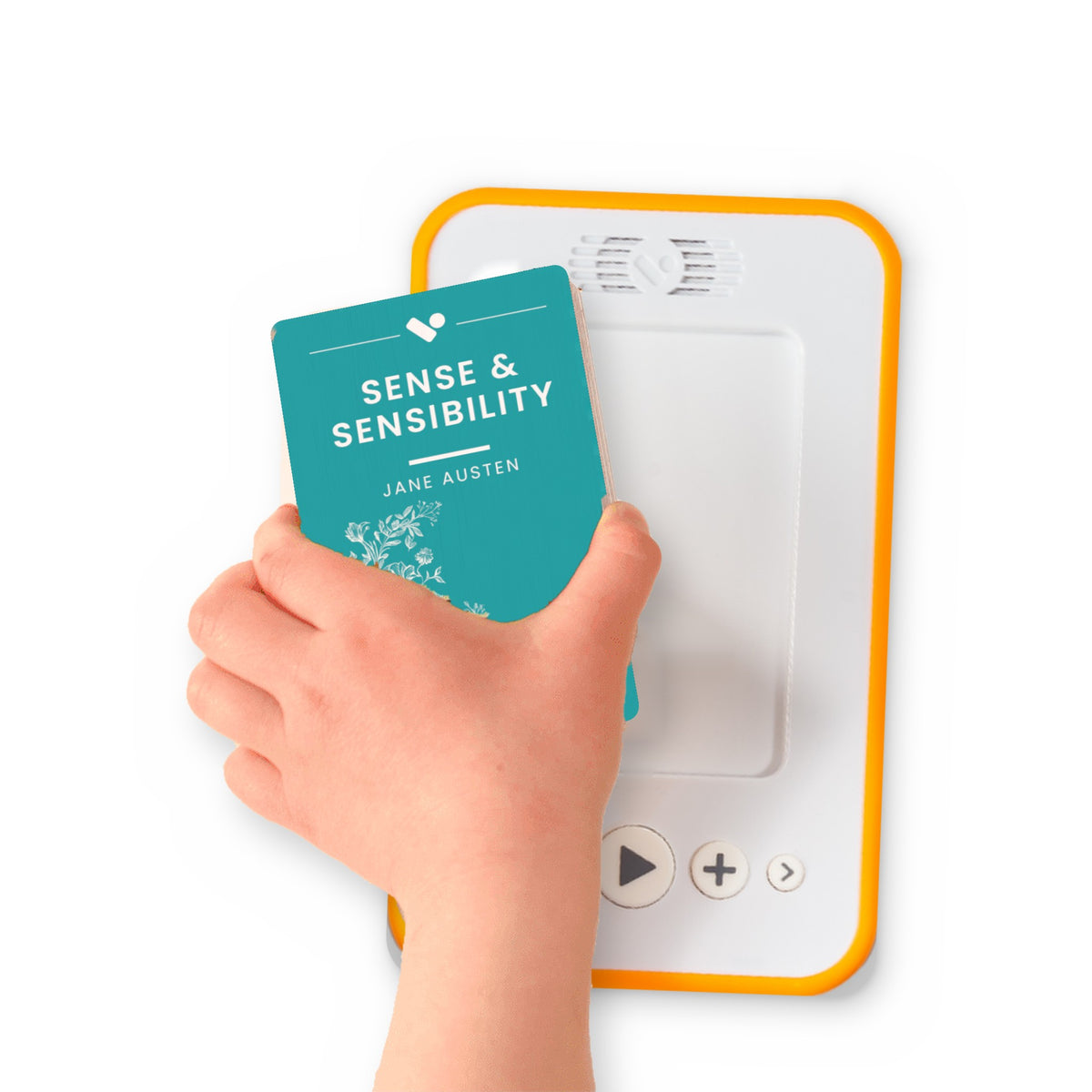 A hand holding the audiobook card for Sense and Sensibility beside a Voxblock audiobook player