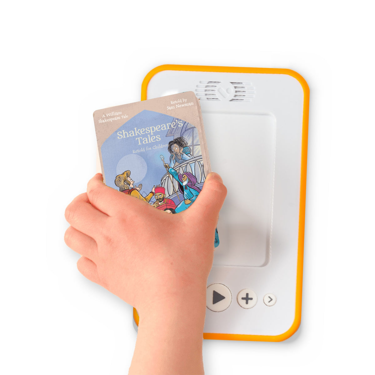 A hand holding the audiobook card for Shakespeare's Tales Retold - Love & Magic beside a Voxblock audiobook player
