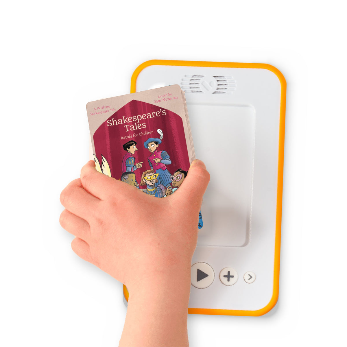 A hand holding the audiobook card for Shakespeare's Tales Retold - The Comedies beside a Voxblock audiobook player