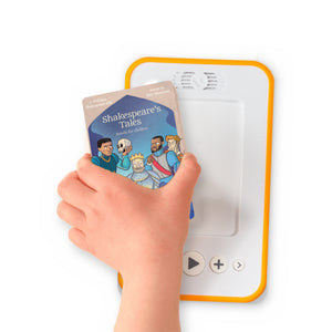 A hand holding the audiobook card for Shakespeare's Tales Retold - The Tragedies beside a Voxblock audiobook player