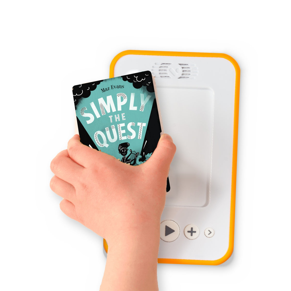 A hand holding the audiobook card for Simply The Quest beside a Voxblock audiobook player