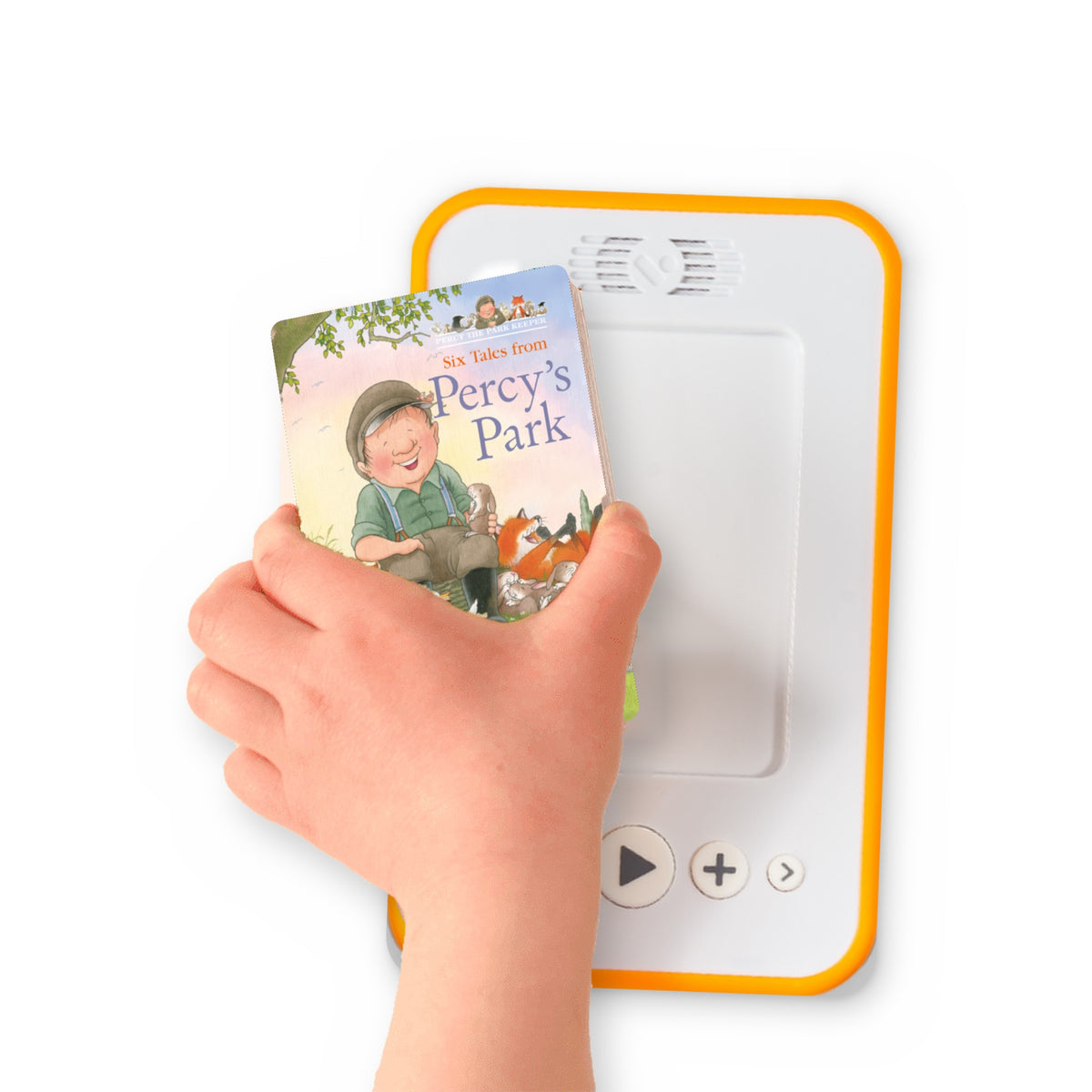 A hand holding the audiobook card for Six Tales From Percy’s Park beside a Voxblock audiobook player