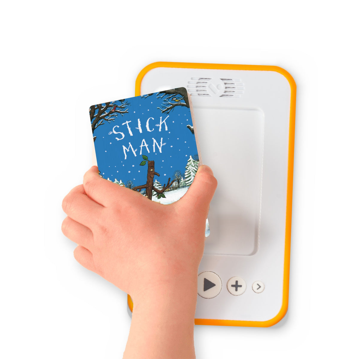 A hand holding the audiobook card for Stick Man beside a Voxblock audiobook player