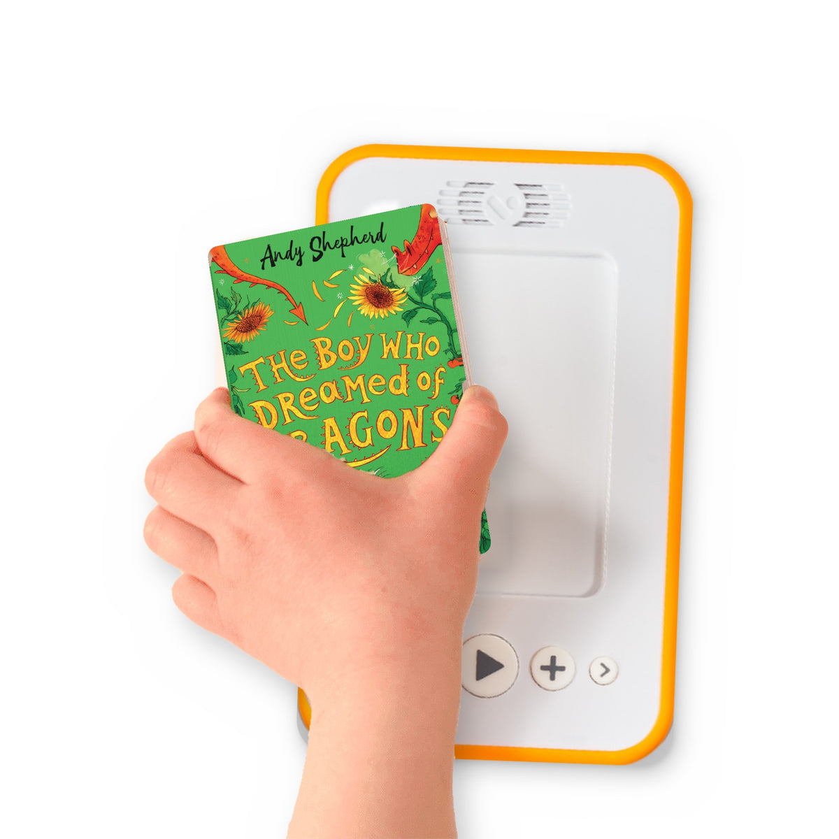 A hand holding the audiobook card for The Boy Who Dreamed of Dragons beside a Voxblock audiobook player