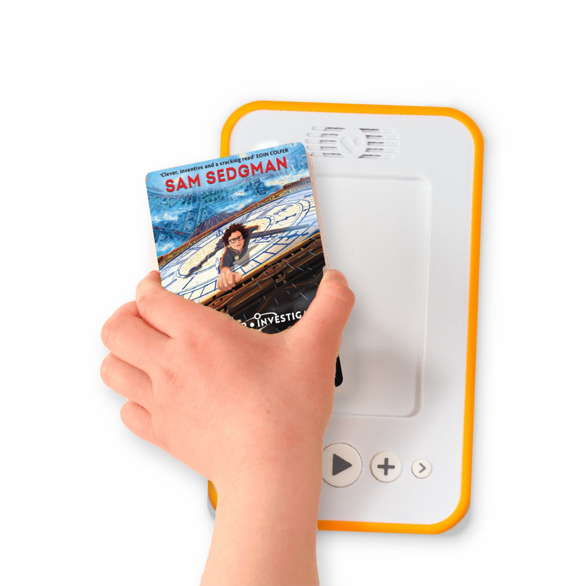 A hand holding the audiobook card for The Clockwork Conspiracy beside a Voxblock audiobook player