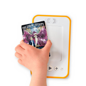 A hand holding the audiobook card for The End of Infinity beside a Voxblock audiobook player