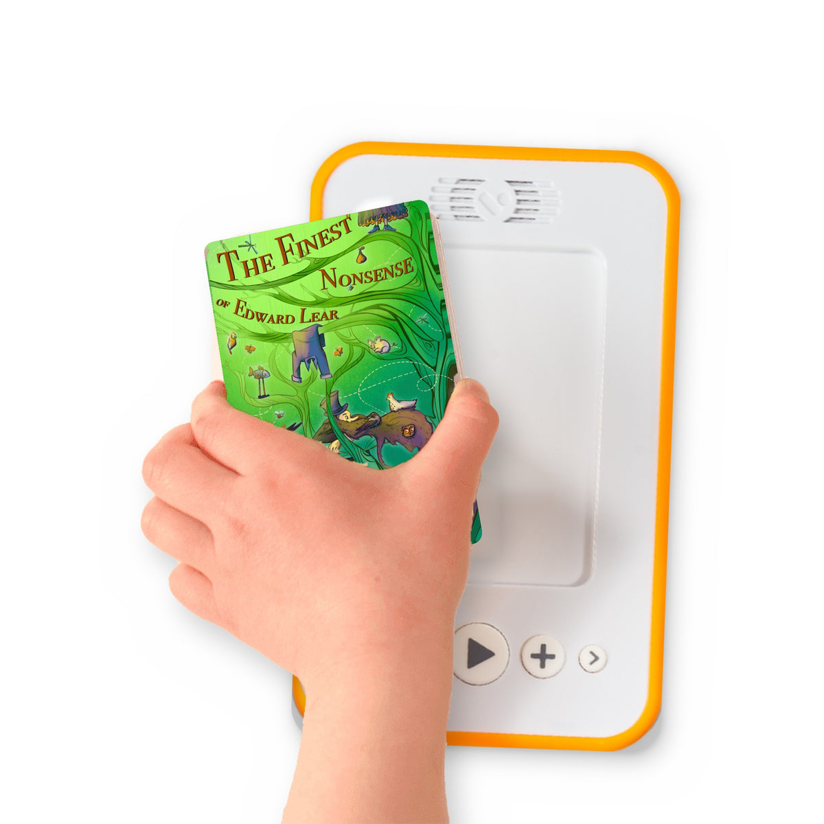 A hand holding the audiobook card for The Finest Nonsense of Edward Lear (selections) beside a Voxblock audiobook player