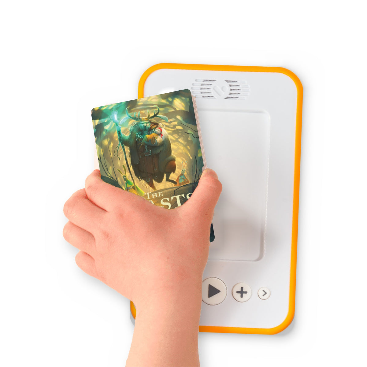 A hand holding the audiobook card for The Five Realms: The Beasts of Grimheart beside a Voxblock audiobook player