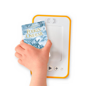 A hand holding the audiobook card for The Five Realms: The Legend of Podkin One-Ear beside a Voxblock audiobook player